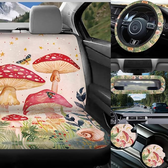 Mushroom Car Seat Covers Full Set of 17 Pcs,Starry Sky Mushroom Car Aaccessories Set with Head Rest Covers, Steering Wheel Covers,Car Trash Can with Lid Universal Auto Interior for Women