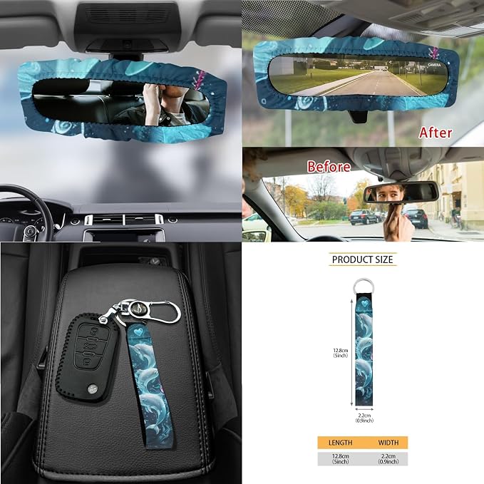 Dolphin Hibiscus Heart Print Car Seat Cover Full Set of 15 Steering Wheel Covers Seatbelt Strap Pad Trash Cans Air Vent Storage Bag Rearview Mirror Cover Cup Holder Keychain