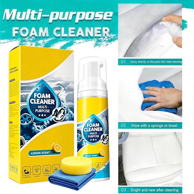 4-in-1 Multi-Enzyme Foam Cleaner,2PCS New Foam No-Rinse Cleaner,All Purpose Cleaning Foam for Car Interior, Home Kitchen, Bathroom,Multi-Surface Stain Remover with Cleaning Sponge & Towel
