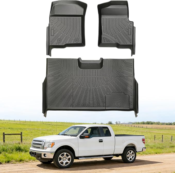 Floor Mats for Ford F-150 F150 SuperCrew/Crew Cab with 1st Row Bucket Seats 2010-2014 (Not for SuperCab or Regular Cab), Heavy Duty TPE All Weather Protection Waterproof Non-Slip (Two-Row Floor Mats)