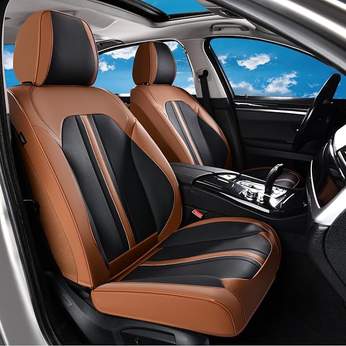 Huidasource Front Car Seat Cover, Luxury Faux Leather Car Seat Covers Front Seats, Fit Airbags, Seatbelt Buckles, Perforation, Cooling＆Heating, Universal Fit for Most Cars Vans Trucks SUVs Brown＆Black