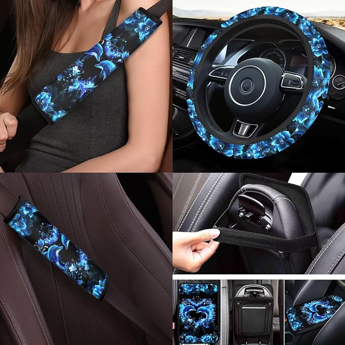 Neon Dolphin Car Accessories Full Set of 17 Pack,Blue Dolphin Car Seat Covers Sets with Front and Rear Bench,Steering Wheel Cover,Seat Belt Shoulder Pad,Key Chain Universal Car Floor Mats Set
