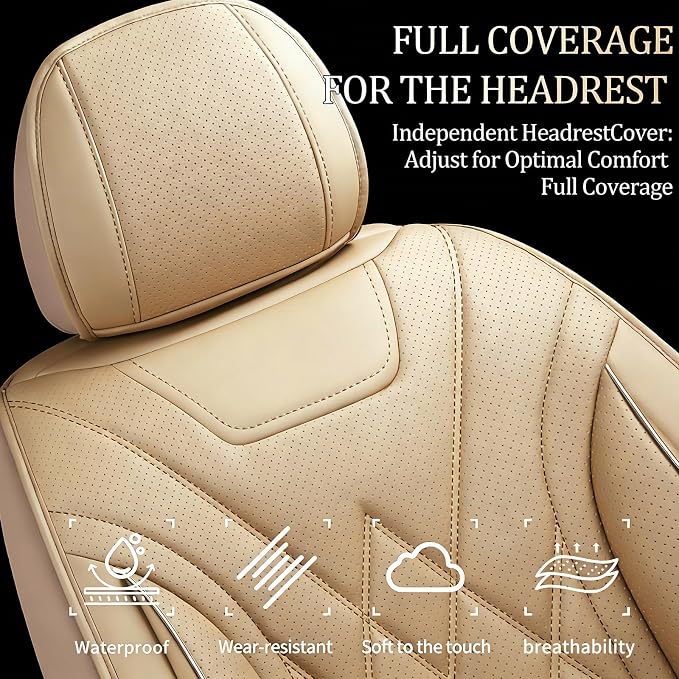 Fit Fusion Car Seat Covers for Ford Fusion 2007-2020 - Luxury Leather, Anti-Slip, All-Weather Seat Cushions, Waterproof & Breathable, Airbag Compatible, Full 5-Seat Set (Beige)