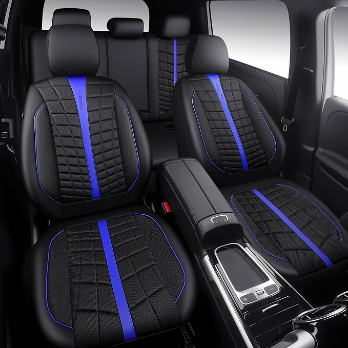 CAR PASS 3D Foam Mesh Black Blue Leather Car Seat Covers Full Set,Breathable Premium Leather Seat Covers for Car,Anti Slip Universal Fit for Trucks Cars Sedans Vans SUVs,Airbag Compatible,Black Blue
