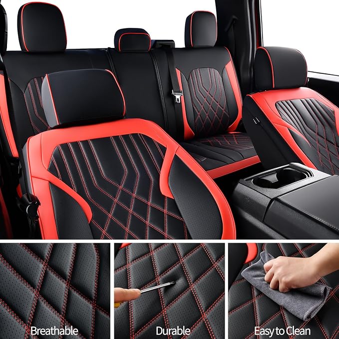 Ranger Seat Covers, for 2019-2023 Ford Ranger XLT XL Lariat Crew Cab, Napa Leather Seat Protector (Full Set, Black&Red)