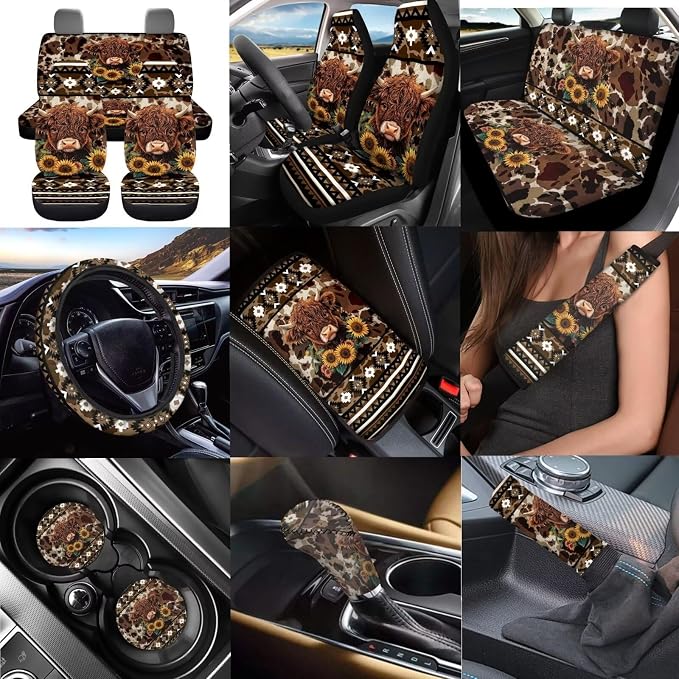 Dreaweet Aztec Brown Cow Print Car Seat Covers Full Set Cute Sunflower Highland Cow Car Accessories,Car Steering Wheel Cover Armrest Cover Seat Belt Pads Cup Holders Gear Shift Cover Handbrake Cover