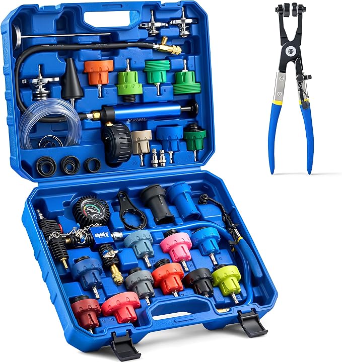 Orion Motor Tech Coolant Pressure Tester Kit, 34pc Universal Coolant Vacuum Refill Kit with 23 Adapters, Cooling System Pressure Tester Kit with Hose Clamp Pliers, Pressure Tester for Coolant System