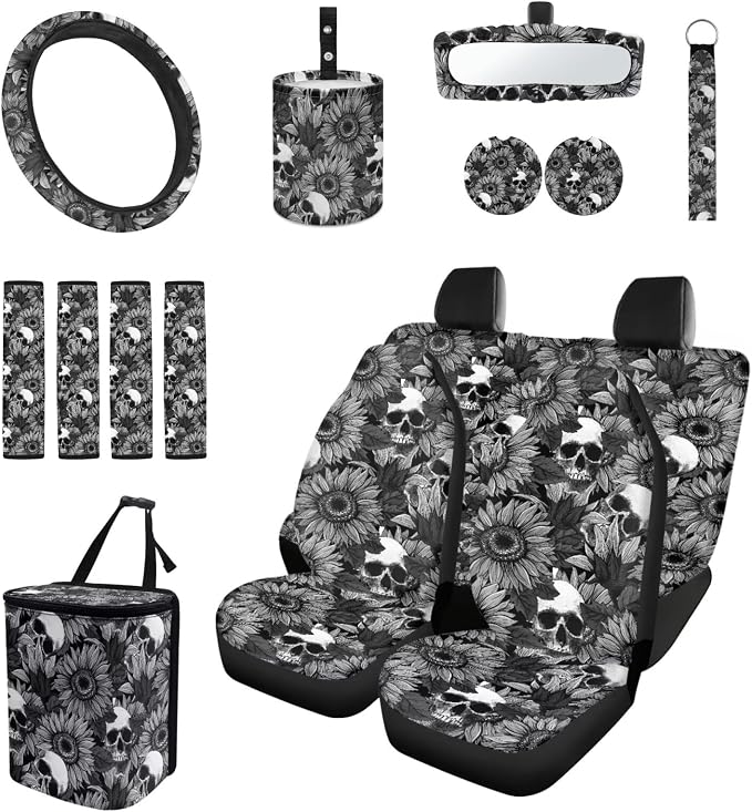 Goth Sunflower Skull 15 PCS Car Seat Cover Set with Auto Steering Wheel Cover Seat Belt Strap Protector Cup Holder Trash Bag Rear View Mirror Protector Keychain