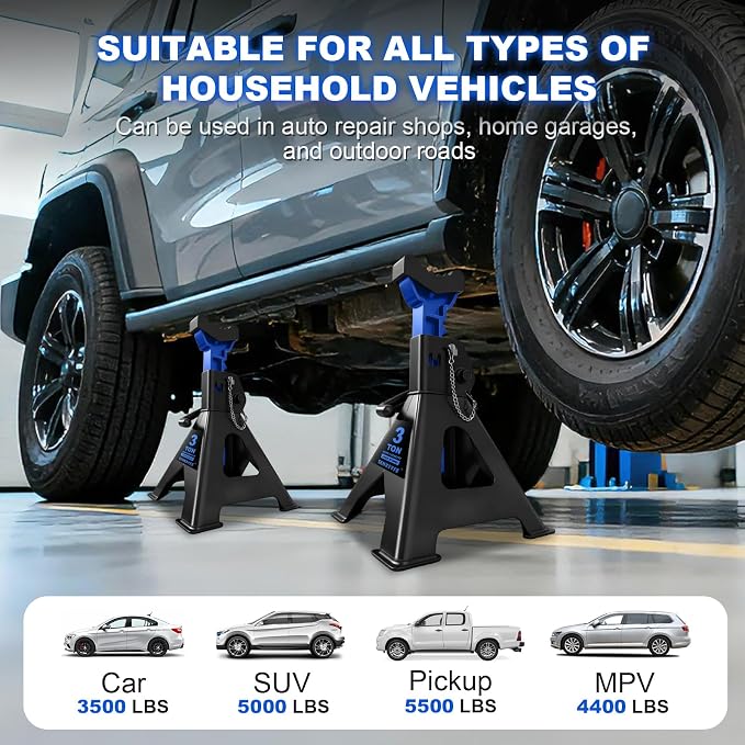 3 Ton (6,600 LBs) Jack Stands with Double Pin Locking,Rubber Cover and Large Foot Base,11"-17" Adjustable Height,Heavy Duty Car Jack Stands,Lifting SUV,MPV,Pickup Truck,ATV/UTV,1 Pair,Blue