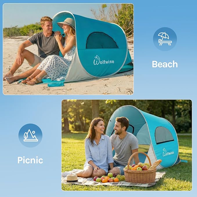 Wolfwise Pop up Beach Tent Sun Shelter with UPF50+ UV Protection, Instant Easy Setup Popup Beach Shade Canopy for 2 Person, Portable & Foldable with Carring Bag, 79 ×49×38 in, Blue