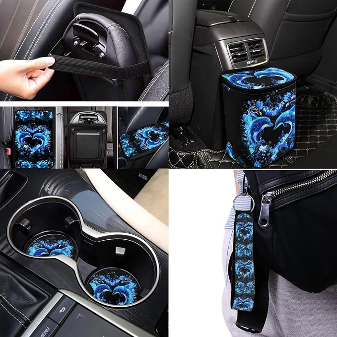 Neon Dolphins Car Seat Covers Full Sets of 17 Pack,Blue Dolphins Car Accessories Sets for Women with Animals Auto Seat Head Rest Protector Rear View Mirror Cover,Steering Wheel Car Cover