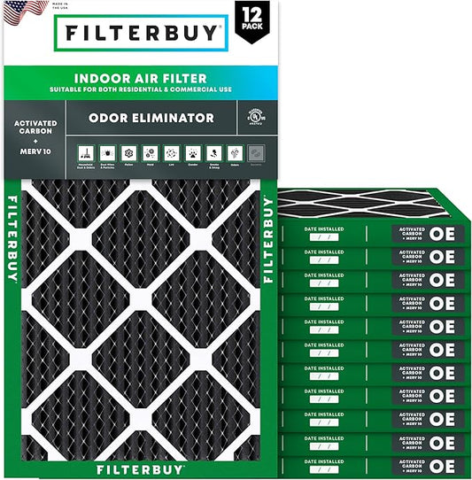 Filterbuy 20x30x1 Air Filter MERV 10 Odor & Allergy Defense with Activated Carbon (12-Pack), Electrostatic Pleated HVAC AC Furnace Filters Replacement (Actual Size: 19.63 x 29.63 x 0.75)