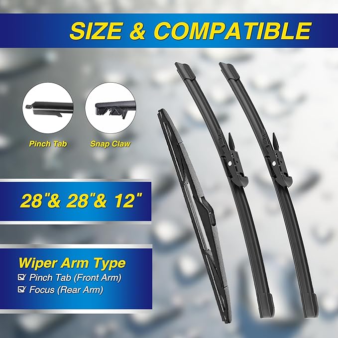 5 PLUS® Silicone Windshield Wipers Replacement for 2012 2013 2014 2015 2016 2017 2018 Ford Focus Wiper Blades(Set of 3),Automotive Replacement Windshield Wiper Blades For My Car-28"/28"/12"