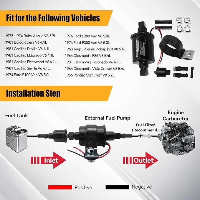 Universal Electric Fuel Pump 12V 2.5-4.5 PSI Inline External 5/16 Inch Compatiable with Gas Diesel Marine Carburetor Marine E8016S with 6.56 FT 5/16" ID Fuel Line Hose
