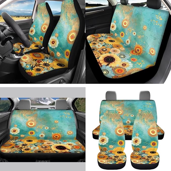 Floral 15 PCS Car Seat Cover Set with Auto Steering Wheel Cover Seat Belt Strap Protector Cup Holder Trash Bag Rear View Mirror Protector Keychain