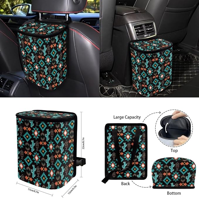 Southwestern Aztec Cactus Car Accessories Car Seats Cover Protector, Steering Wheel Covers, Seatbelt Cover, Car Trash Can, Cup Coasters, Rearview Mirror Cover, Keychains, Pack of 15