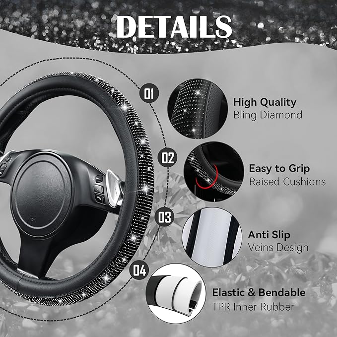 CAR PASS Diamond Bling Leather Seat Covers Set Car Floor Mats Glitter Rhinestone Steering Wheel and Car Interior Accessory Set for Women Black