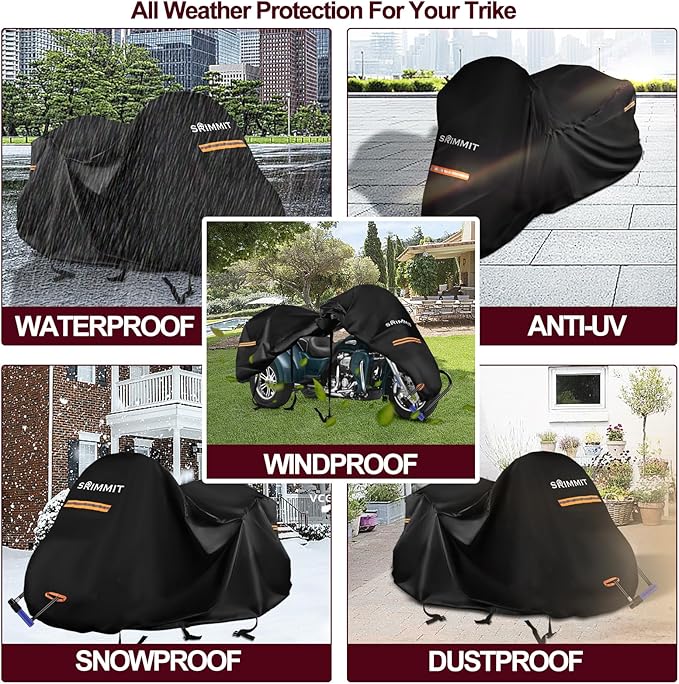 Trike Motorcycle Cover, Waterproof Outdoor Storage Cover for 3-Wheel Motorcycles, Heavy Duty 420D Oxford Fabric Shelter with Zipper for Antenna, Rain Snow Protection