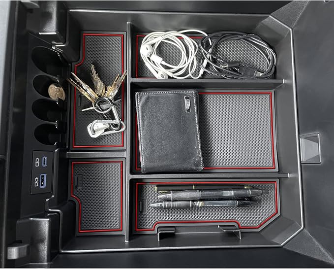 JDMCAR Liner Accessories (Red Trim) and Center Console Organizer (Red Trim) Compatible with 2022 2023 Toyota Tundra Accessories