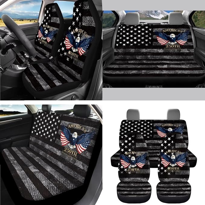 AFPANQZ Car Seat Covers Full Set Seat Belt Shoulder Pads Cup Holder Steering Wheel Cover, Black American 250 Years Gear Shift Knob Cover Handbrake Protector Full Set of 11