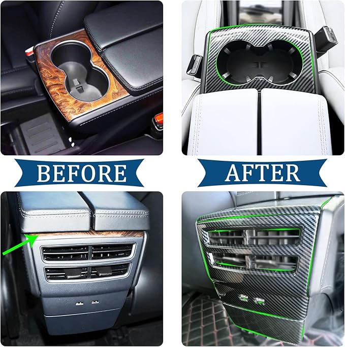 4 PCS Water Cup Holder Cover & Rear Air Vent Outlet Trim Interior for Model S Model X 2014-2024 Decoration （Imitation Carbon Fiber Pattern）