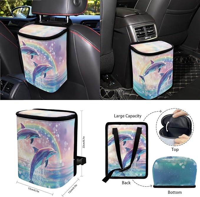 Dolphin Rainbow Print 15 Pack Car Accessories Set Car Seat Covers Steering Wheel Cover Seat Belt Strap Pad Rearview Mirror Cover Garbage Cans Air Vent Storage Bag Cup Holder Key Chain