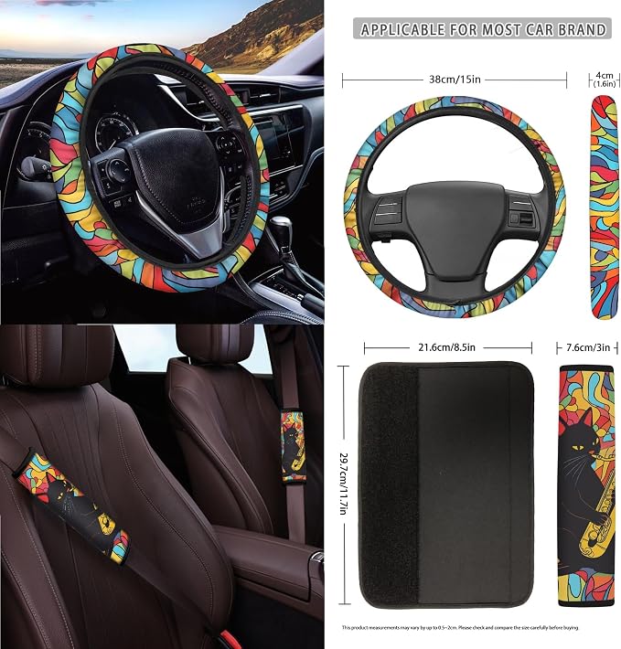 Rainbow Cat Jazz Print 15 Pack Car Seat Cover Set with Steering Wheel Covers Seatbelt Strap Pad Garbage Cans Rear View Mirror Cover Coasters Key Chain Universal Fit