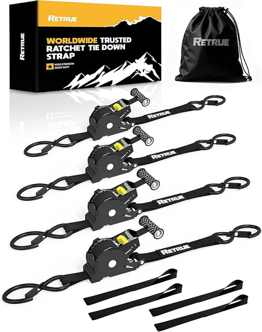 RETRUE Heavy Duty Self-Retracting Ratchet Straps, 10 Feet Retractable Ratchet Tie Down Straps with 1,500lb Break Strength for Trailers, Motorcycles, ATVs, Moving, Cargo Handling & More, Black (4 Pack)