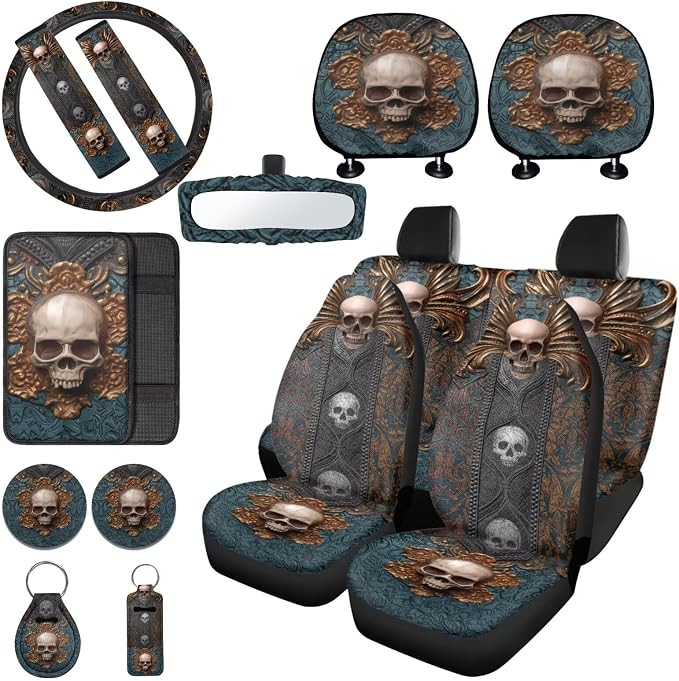 Skull Printed Auto Seat Protector with Armrest Pad Cover Leather Lipstick Holder Keychain Car Coaster Non Slip Car Seat Cover Full Set Auto Accessories Set, Blue
