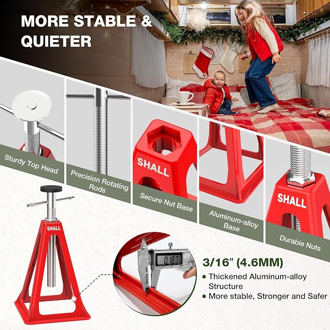 SHALL RV Stabilizer Jacks, 4-Pack Heavy Duty Aluminum Jack Stands for Travel Trailer Camper, Single Support up to 7500 Lbs, RV Leveling Screw Jack with Spare Nuts & Pads, Adjustable from 11" to 17"