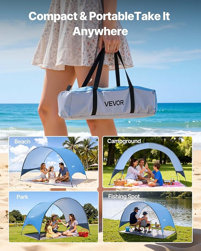 VEVOR Beach Tent Sun Shelter for 3 Person, UPF 50+, Portable Sun Shade Beach with Carrying Bag & Ground Stakes, Lightweight and Easy Setup Beach Umbrella for Camping Fishing Outdoor Picnic