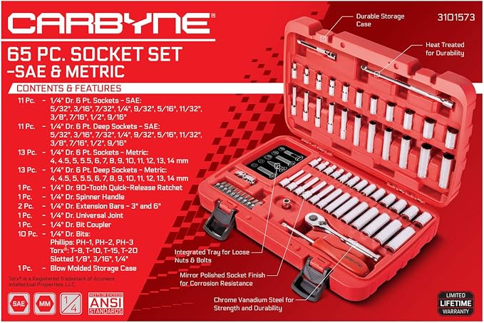 CARBYNE 65-Piece 1/4 in. Drive Socket and Ratchet Set, SAE and Metric, 6 Point, CrV Steel, 90-Tooth Ratchet, Deep and Standard Sockets, Storage Case