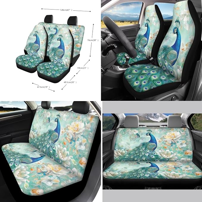 Xoenoiee Peacock Butterfly Peony Print Car Seat Covers and Accessories, Front Rear Seat Covers, Steering Wheel Cover, Seat Belt Pads, Coasters, Keychains for Car SUV Decor, 11 PCS Set