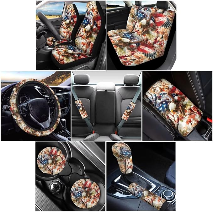 Wanyint Car Seat Covers for Women Men, with Steering Wheel Seat Belt Pads Center Console Handbrake Gear Shift Cover Cup Coaster Holder for 4th of July, Pack of 12, US Flag Eagle Camo Hunting Forest