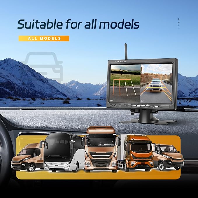 7 Inch Wireless Backup Camera for Truck with 2 Rear View Camera System for Cars, 4 Channels Split Screen, BSD Alert, Night Vision, IP68K Waterproof, for Truck, Pickup, Trailer, Cars Parking Safety