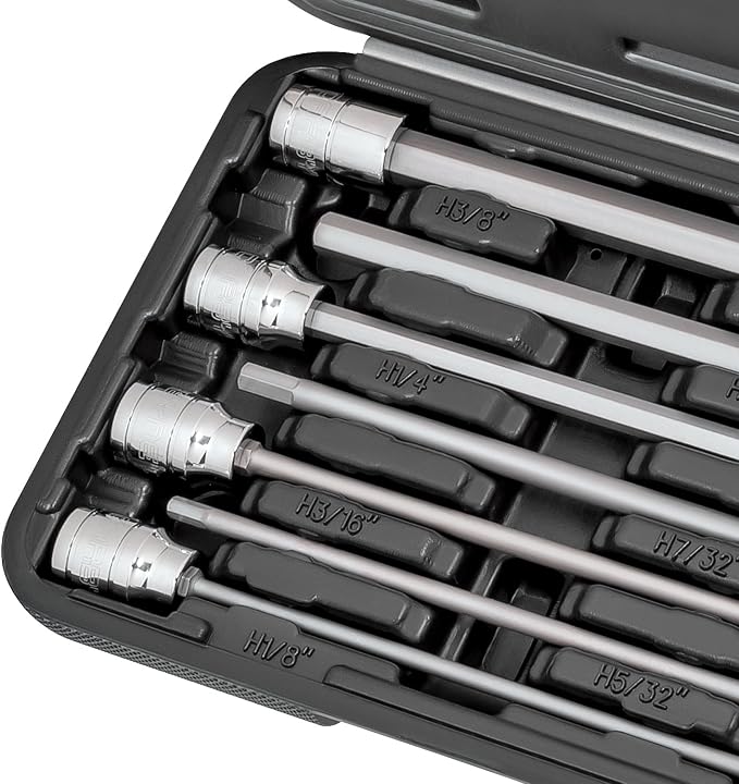 CARBYNE 7-Piece SAE Extra Long Hex (Allen) Bit Socket Set, 1/8 in. to 3/8 in., 3/8 in. Drive, S2 Steel Bits, CrV Sockets, 6.1 in. Overall Length for Deep-Reach Access, Durable Storage Case