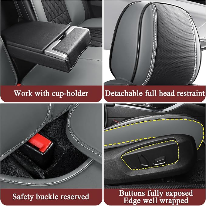 Aierxuan Car Seat Covers Full Set, Waterproof Leather Universal Fit Toyota Corolla Avalon Highlander Kia K5 Optima Rio Forte Selto Ford Ecosport Bronco Maverick Ranger, Black-Grey