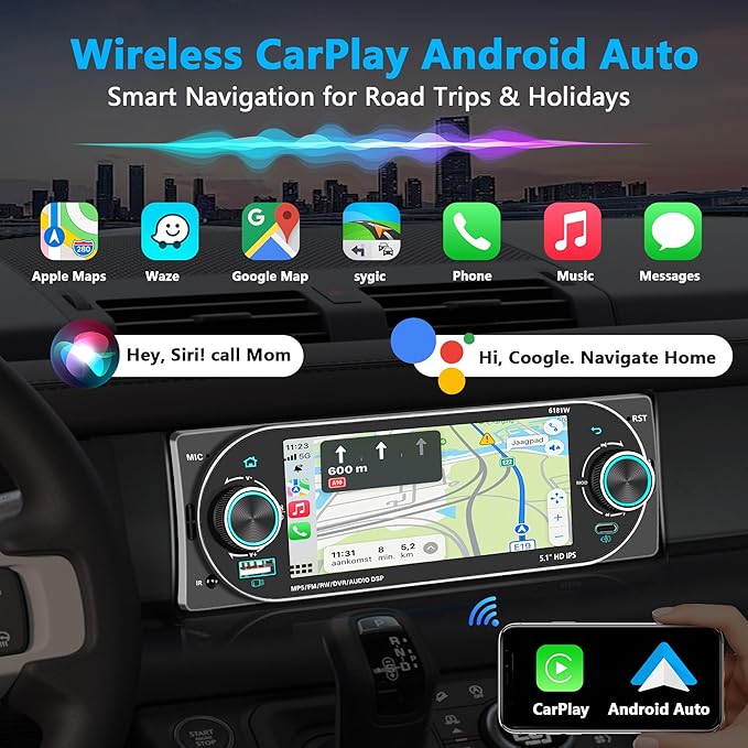 Single DIN Radio Car Stereo Wireless Apple Carplay，Dual Knobs & HD Touchscreen Radio for Car， Bluetooth 6.0 Car Play Android Auto, 60W x 4 Output, AM/FM Radio，USB,SWC, Backup Camera (Black)