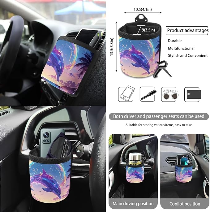 Dolphin Colorful Wave Print Car Seat Cover Full Set of 15 Steering Wheel Cover Seat Belt Strap Pad Trash Bag Air Vent Storage Holder Cup Coasters Rear View Mirror Covers Key Chain