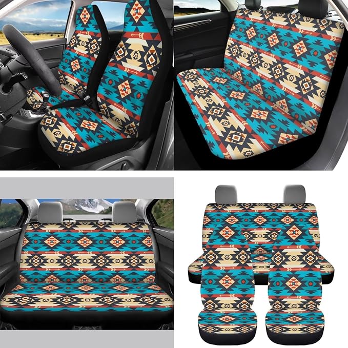 Southwest Aztec Blue Car Seat Covers Set of 15 with Universal Steering Wheel Cover, Rearview Mirror Cover, Car Trash Can, Seatbelt Pads, Cup Holder Coasters, Keychains