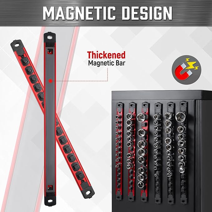 ALOANES 3/8 Red Magnetic Socket Organizer and 64-Piece 3/8" Drive Socket Set, SAE (5/16"-1") & Metric (6mm-24mm)