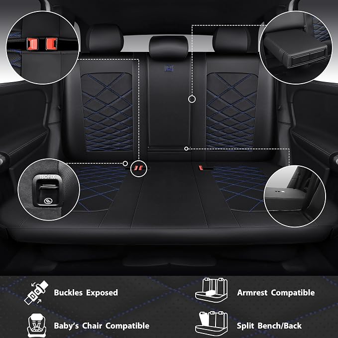 CAR PASS Luxury Nappa Leather Seat Covers Full Set, Water Resistant Faux Leather Seat Cover with Lumbar Support, Breathable Automotive Seat Covers Universal Fit for Sedan SUV Van Truck, Black Blue