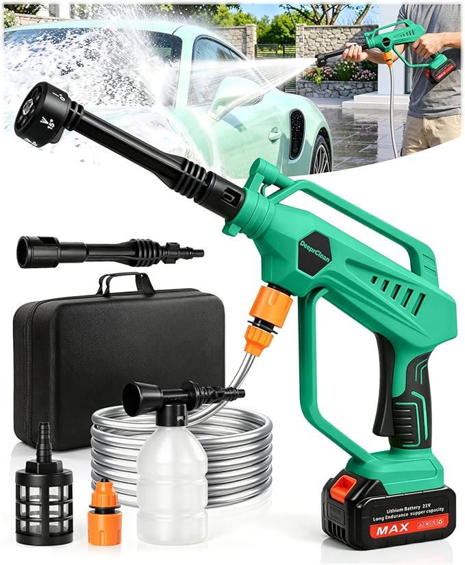 DeeprClean Cordless Car Washer with 6-in-1 Nozzle, Portable Vehicle Cleaning Tool with Brushless Motor |3 Adjustable Levels & Battery Display | Lightweight Spray Tool for Car, Patio Outdoor Use-Green