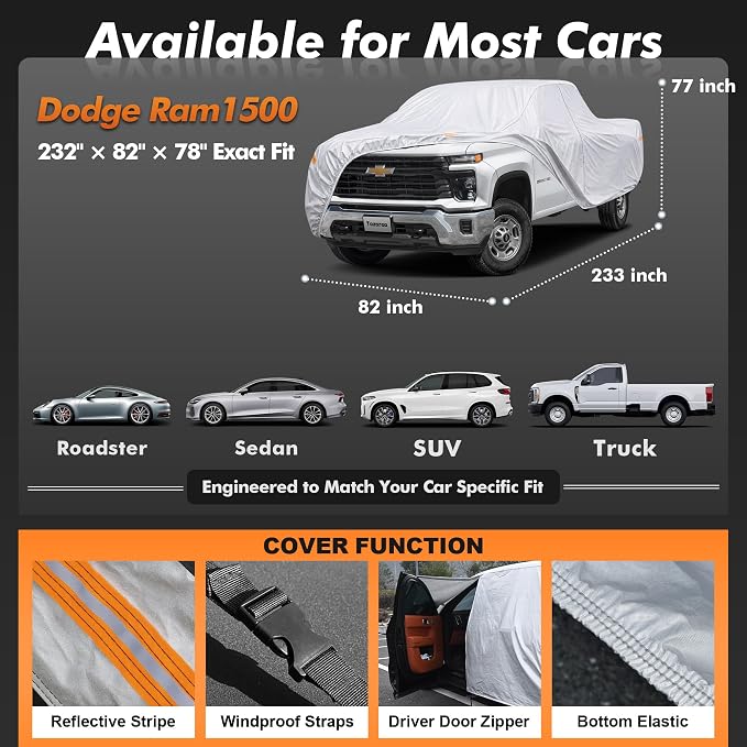 Car Cover Waterproof All-Weather,Heavy-Duty Outdoor Full Exterior Automobiles Truck(Length 251-262 inch) with Windshield Sun Shade Universal Fit RAM 2500 3500, Silverado 1500 2500 3500 etc