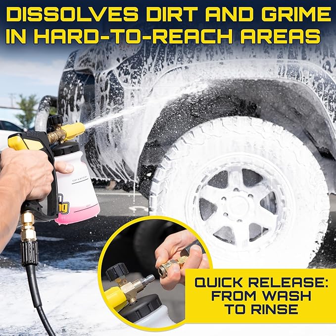 Clean Car USA Foam Cannon Pressure Washer Gun, Stubby Foam Sprayer for Car Wash, Power Washer Swivel for Pressure Washers - Incl. Wash Mitt & Microfiber Towel, Ultimate Detailing Kit for Deep Cleaning