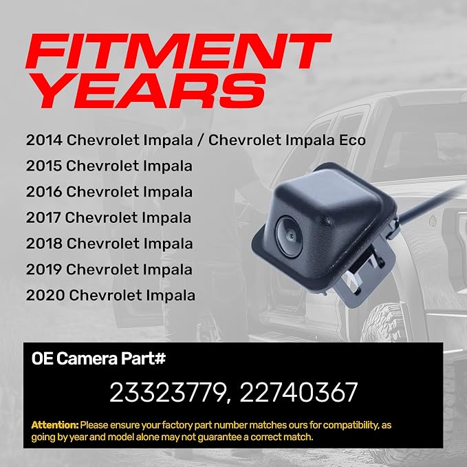Master Tailgaters Replacement for Chevrolet Impala (2014-2020), Impala Eco (2014) Backup Camera OE Part # 23323779, 22740367