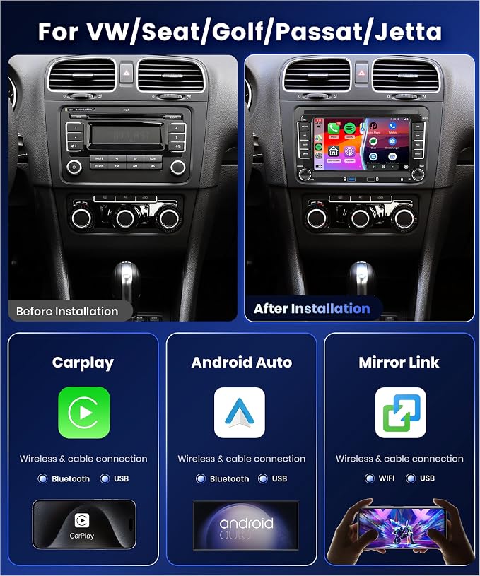 DSP 2G 64G Radio for VW Passat Jetta Golf Touran Seat Golf Beetle Car Stereo with Wireless Carplay Android Auto,7 inch IPS Touch Screen MirrorLink FM/RDS 26UIs GPS WiFi AHD Backup Camera MIC 36/40Pin