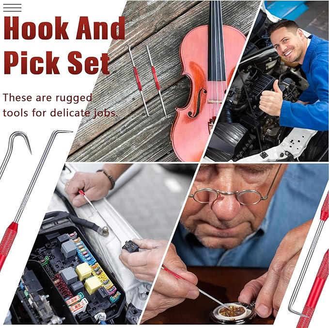 Hotop 4 Pcs Hook and Pick Set Double Pointed Scribe Car Auto Oil Metal Pick O Ring Seal Puller Hooked Scriber Marking Tools for Carpenter Machinists Technicians, 9.06 Inches