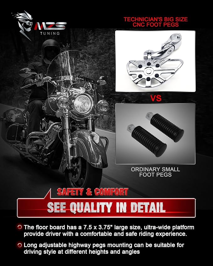 MZS Motorcycle Highway Pegs, 1.25" Short Angled Adjustable Wide Foot Peg Chrome Compatible with Softail Sportster Electra Road King Street Glide Vulcan VTX V Star Boulevard for 1 1/4 Engine Guards Bar