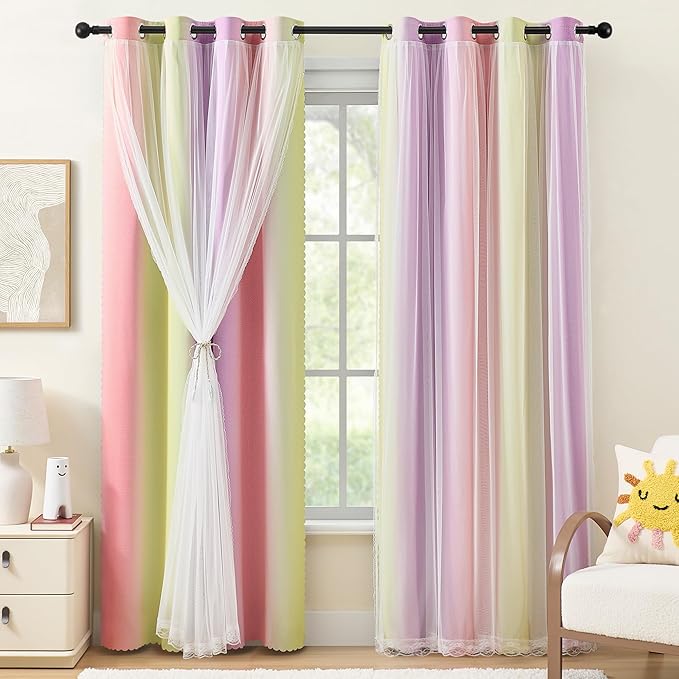 XiDi Pink Yellow Curtains 84 Inches Long 2 Panels for Girls Bedroom Blackout Curtains with Sheer Overlay for Kids Princess Nursery Room Darkening Mix & Match Double Layer Grommet Drapes W34 X L84